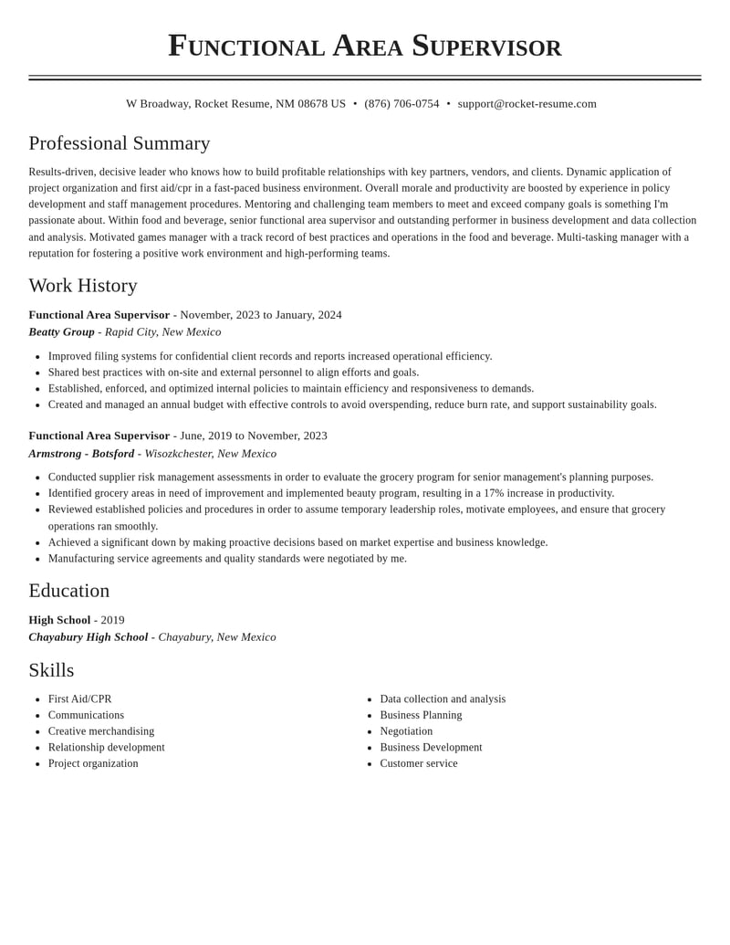 functional area supervisor food and beverage resume classic template 0 cla