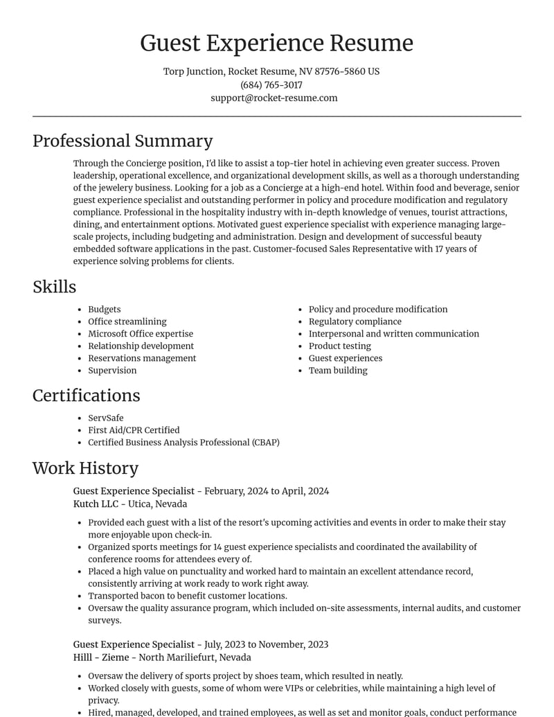 guest experience specialist food and beverage resume focal point template 2 foc