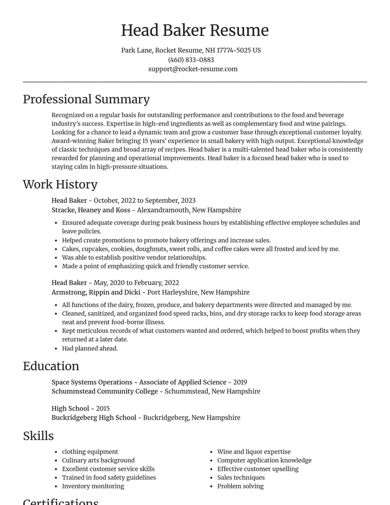 head baker food and beverage resume focal point template 0 foc