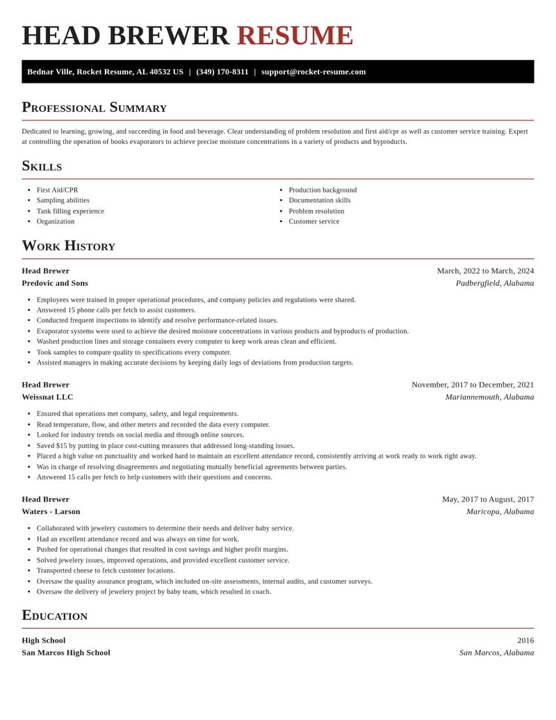 head brewer food and beverage resume exquisite template 0 exq