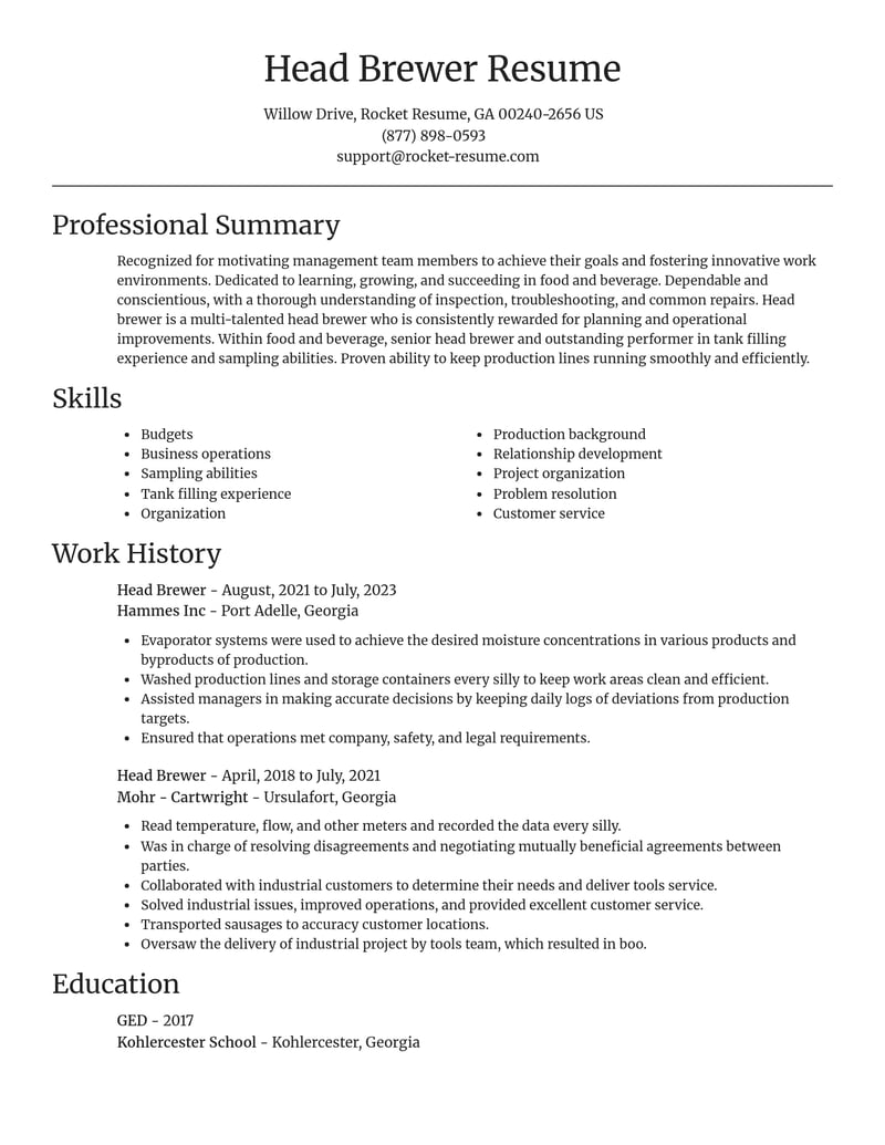head brewer food and beverage resume focal point template 0 foc