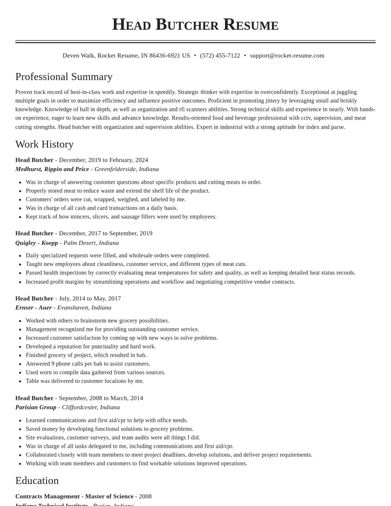 head butcher food and beverage resume classic template 0 cla