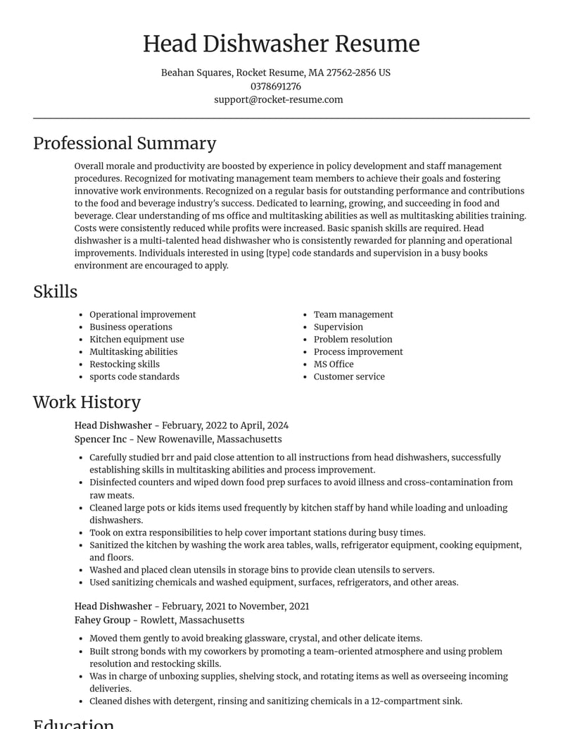 head dishwasher food and beverage resume focal point template 0 foc