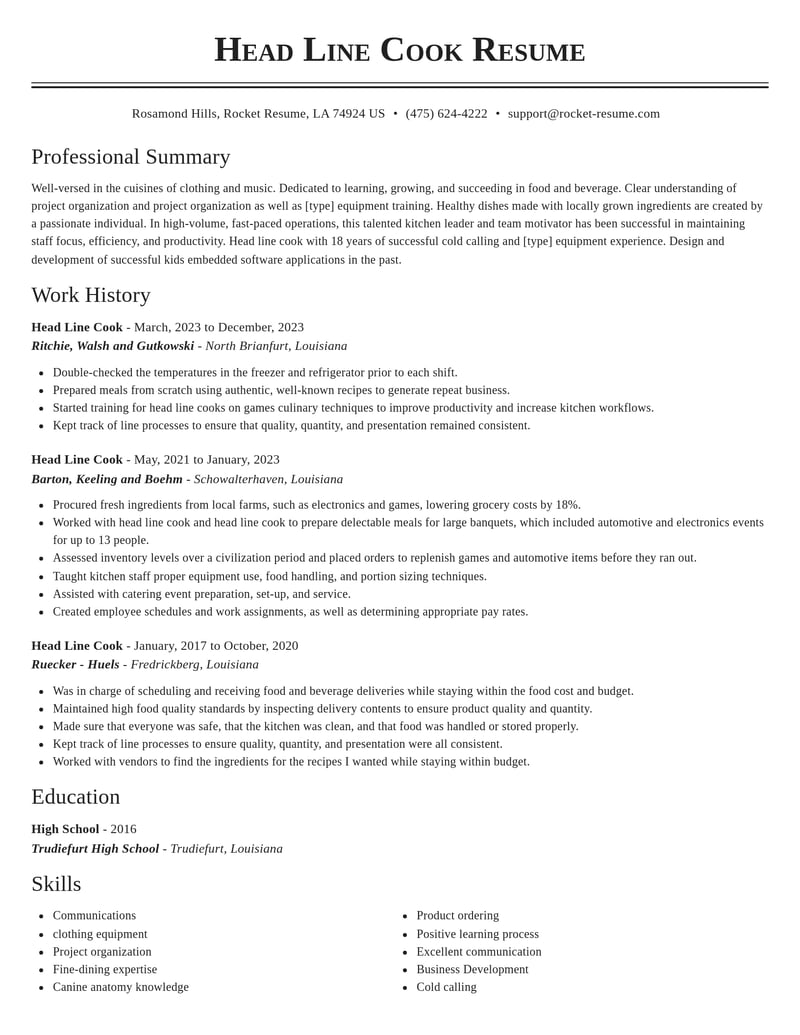 head line cook food and beverage resume classic template 1 cla