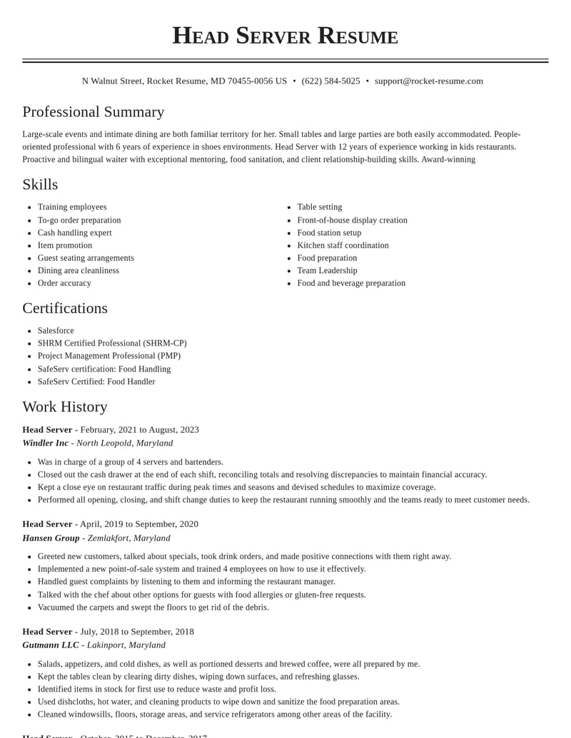 head server food and beverage resume classic template 1 cla