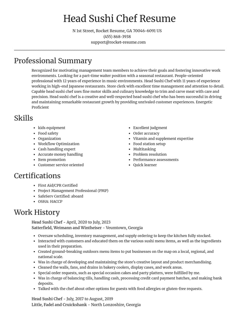 head sushi chef food and beverage resume focal point template 2 foc