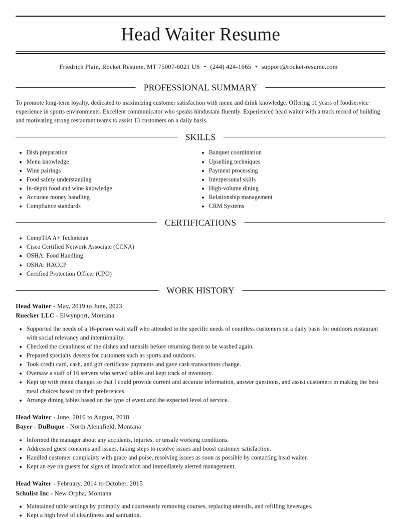 head waiter food and beverage resume elegant template 0 ele