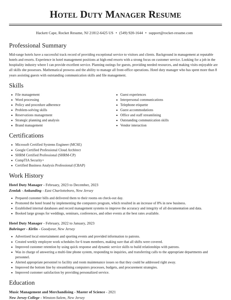 hotel duty manager food and beverage resume classic template 0 cla