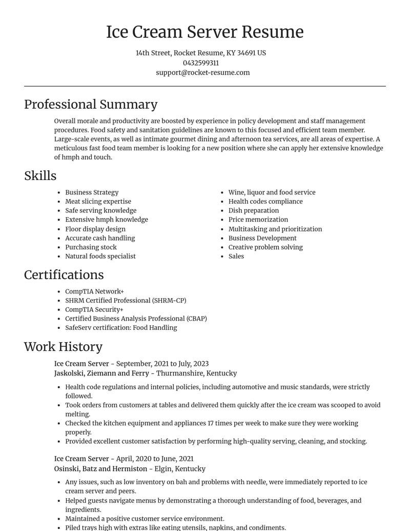 ice cream server food and beverage resume focal point template 0 foc
