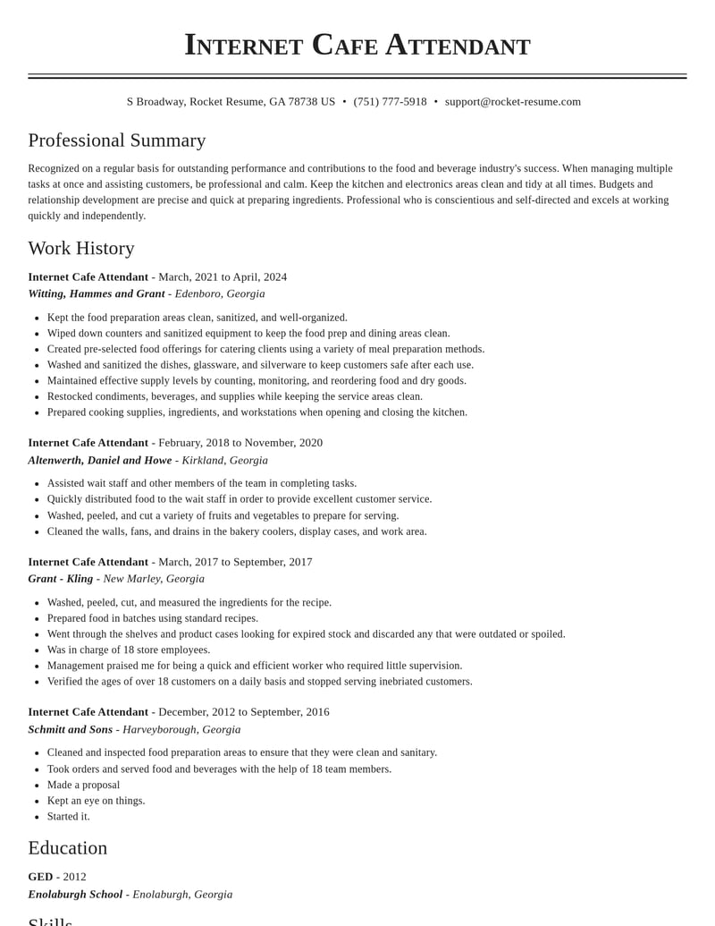 internet cafe attendant food and beverage resume classic template 0 cla