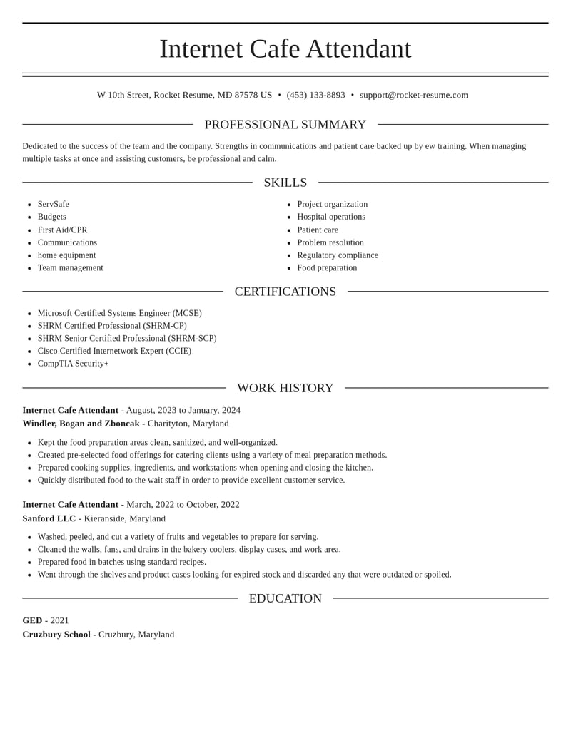 internet cafe attendant food and beverage resume elegant template 2 ele