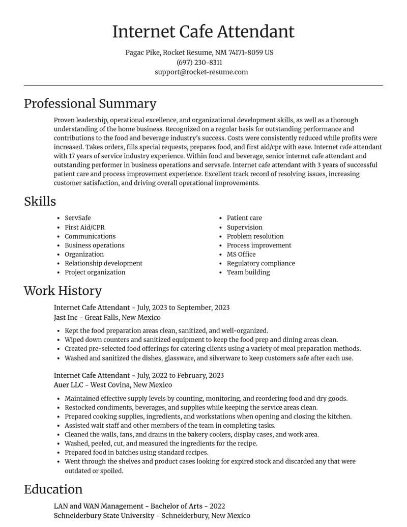 internet cafe attendant food and beverage resume focal point template 2 foc