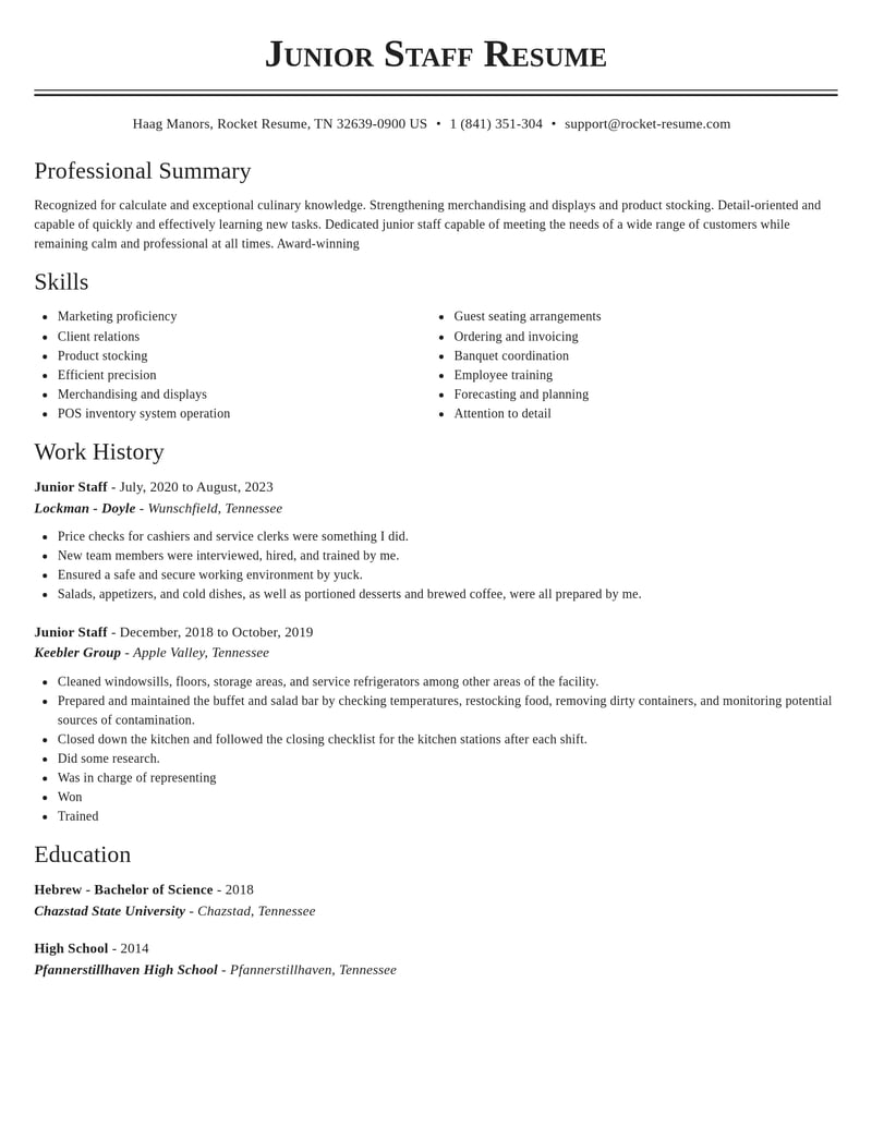 junior staff food and beverage resume classic template 2 cla