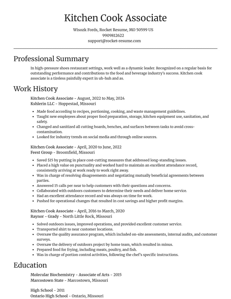 kitchen cook associate food and beverage resume focal point template 0 foc