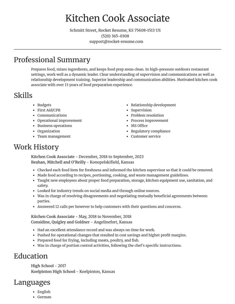 kitchen cook associate food and beverage resume focal point template 1 foc