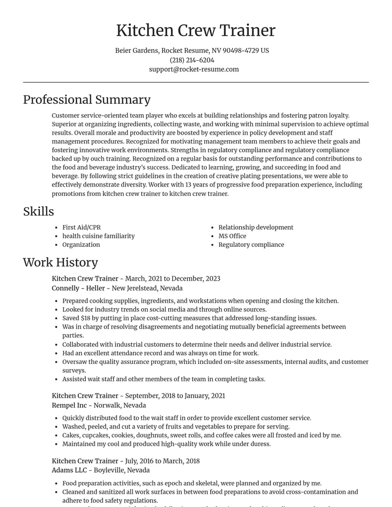 kitchen crew trainer food and beverage resume focal point template 0 foc