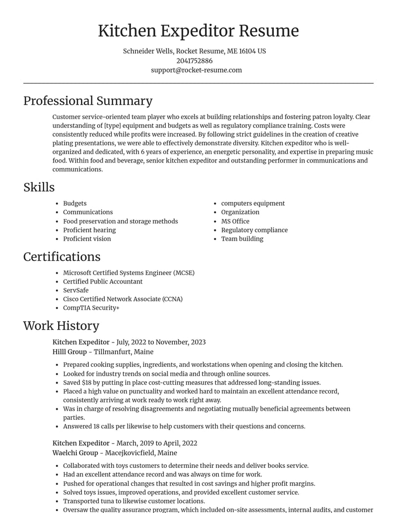 kitchen expeditor food and beverage resume focal point template 2 foc
