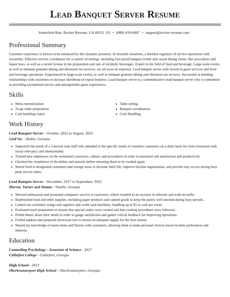 lead banquet server food and beverage resume classic template 2 cla