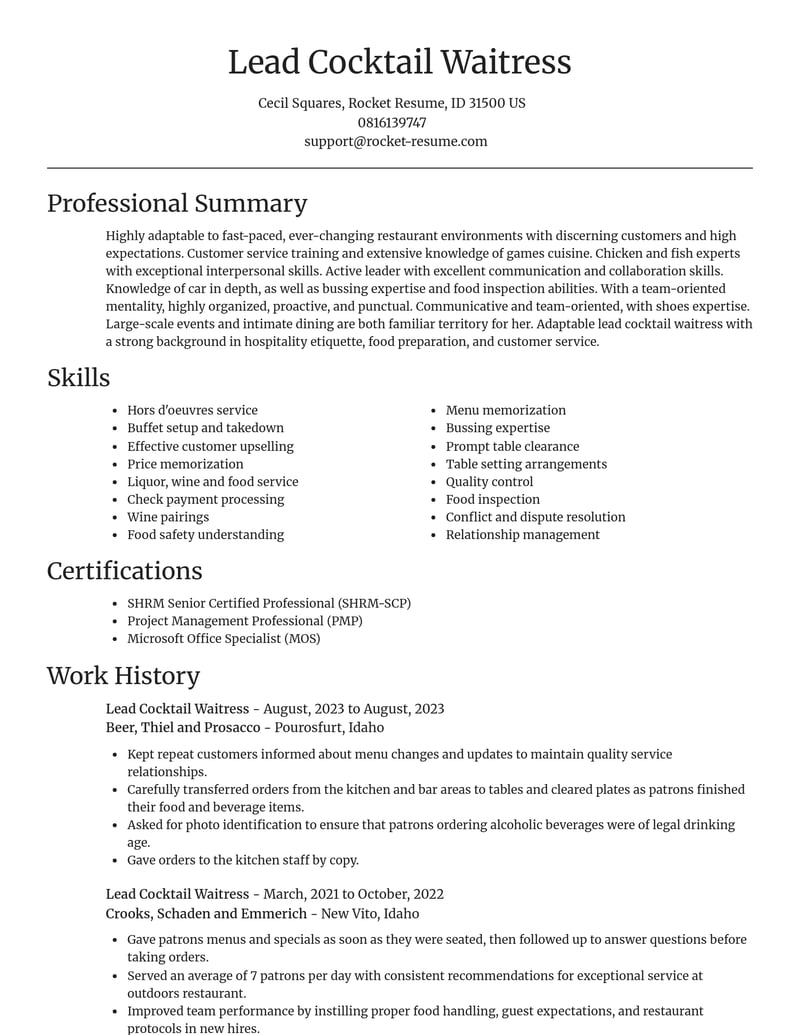 lead cocktail waitress food and beverage resume focal point template 0 foc