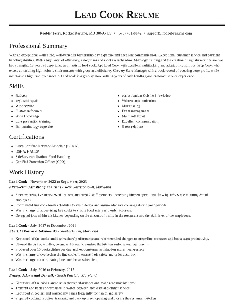 lead cook food and beverage resume classic template 0 cla