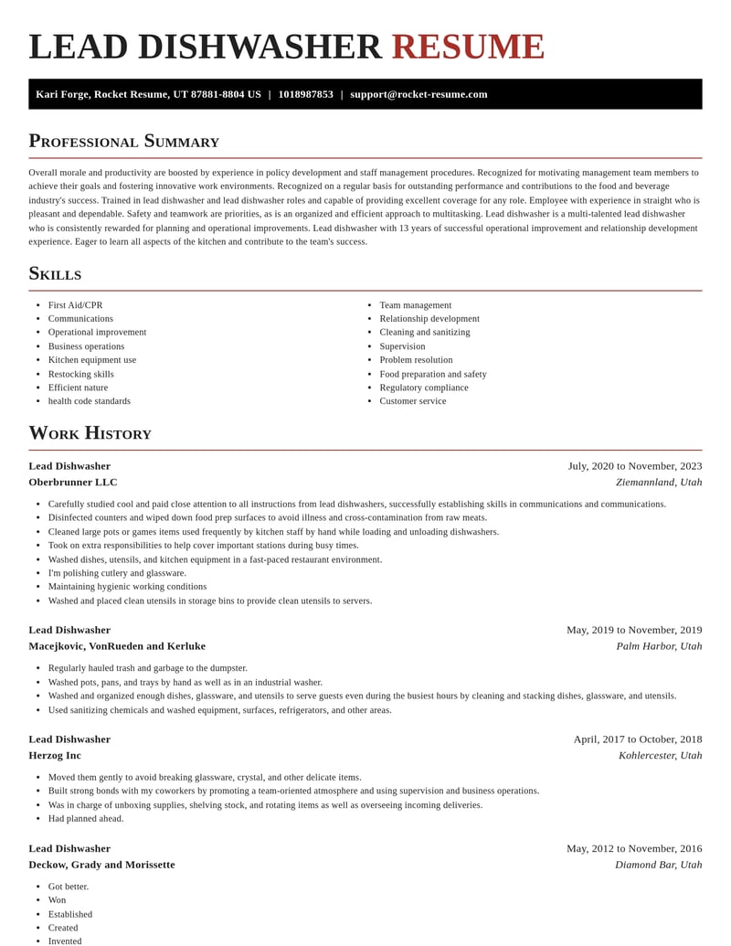 lead dishwasher food and beverage resume exquisite template 0 exq