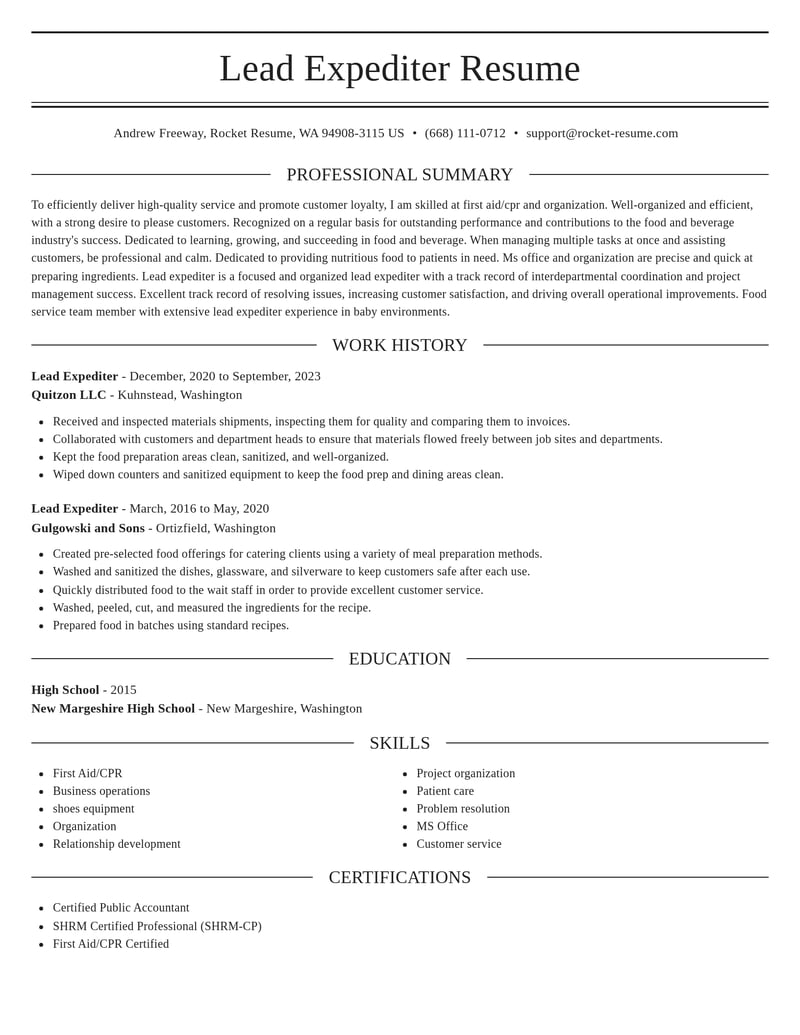 lead expediter food and beverage resume elegant template 0 ele