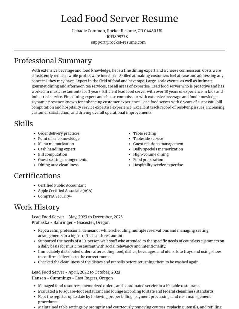 lead food server food and beverage resume focal point template 1 foc