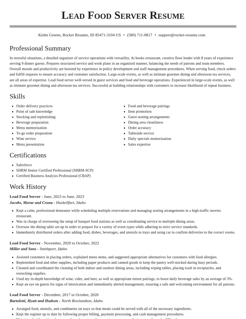 lead food server food and beverage resume classic template 2 cla