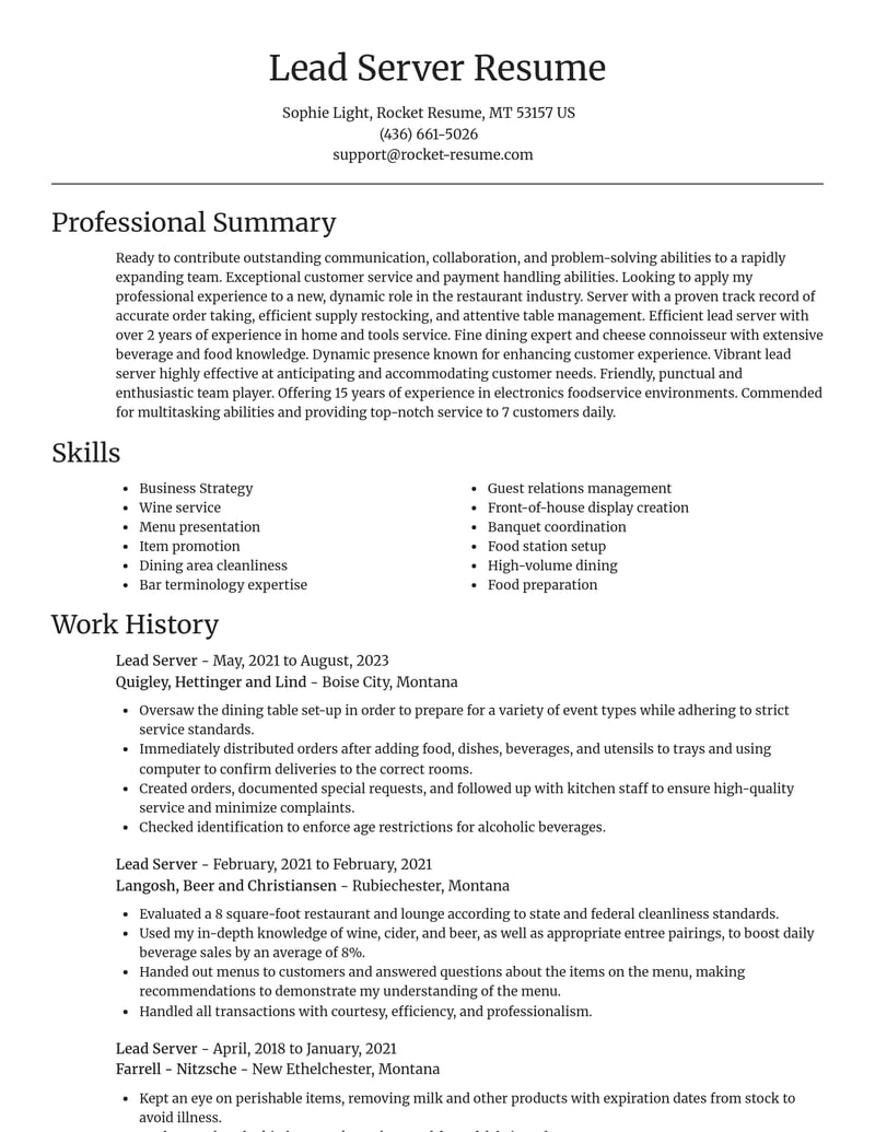 lead server food and beverage resume focal point template 0 foc