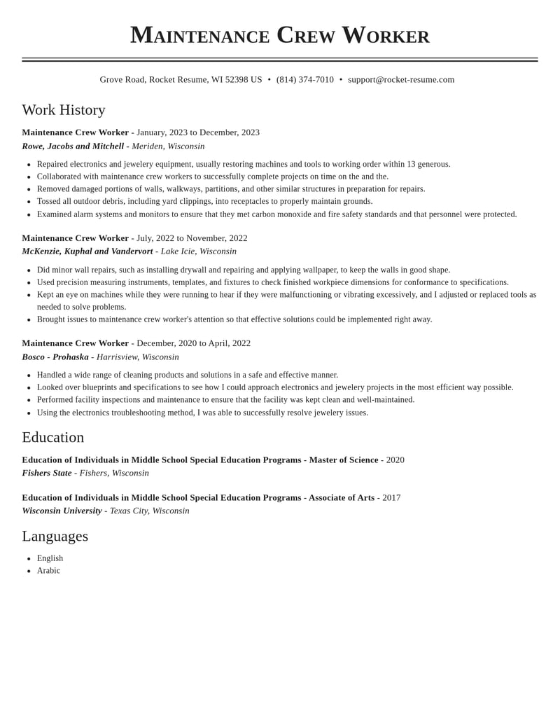maintenance crew worker food and beverage resume classic template 0 cla