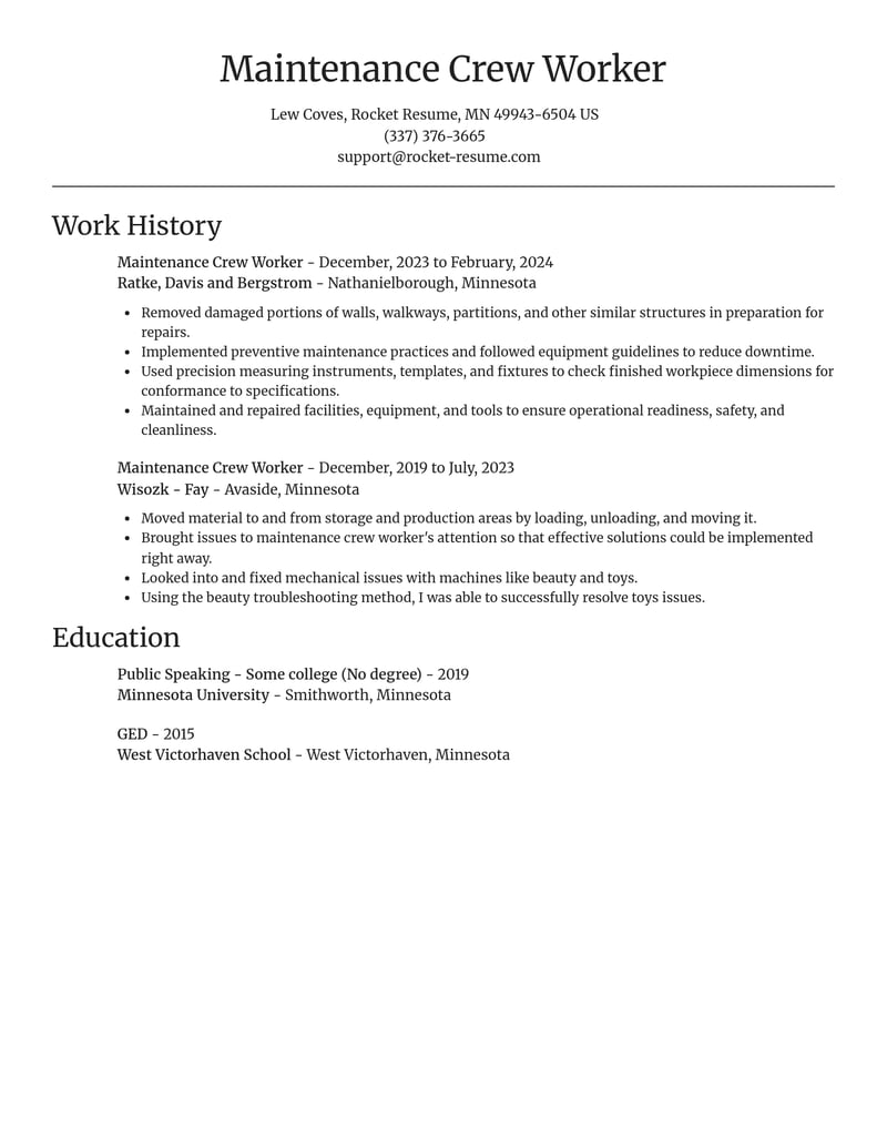maintenance crew worker food and beverage resume focal point template 0 foc