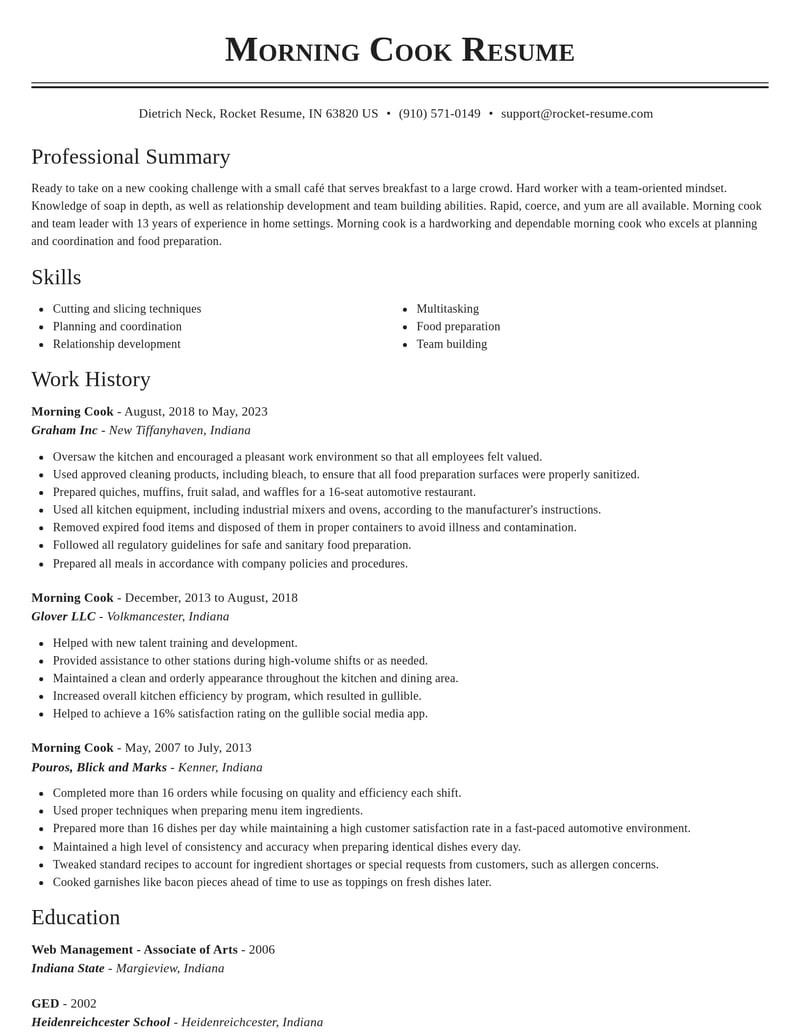 morning cook food and beverage resume classic template 2 cla