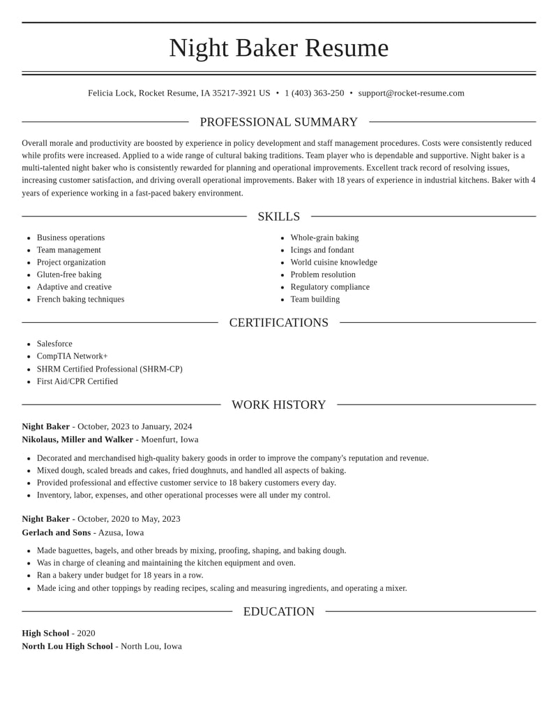 night baker food and beverage resume elegant template 0 ele