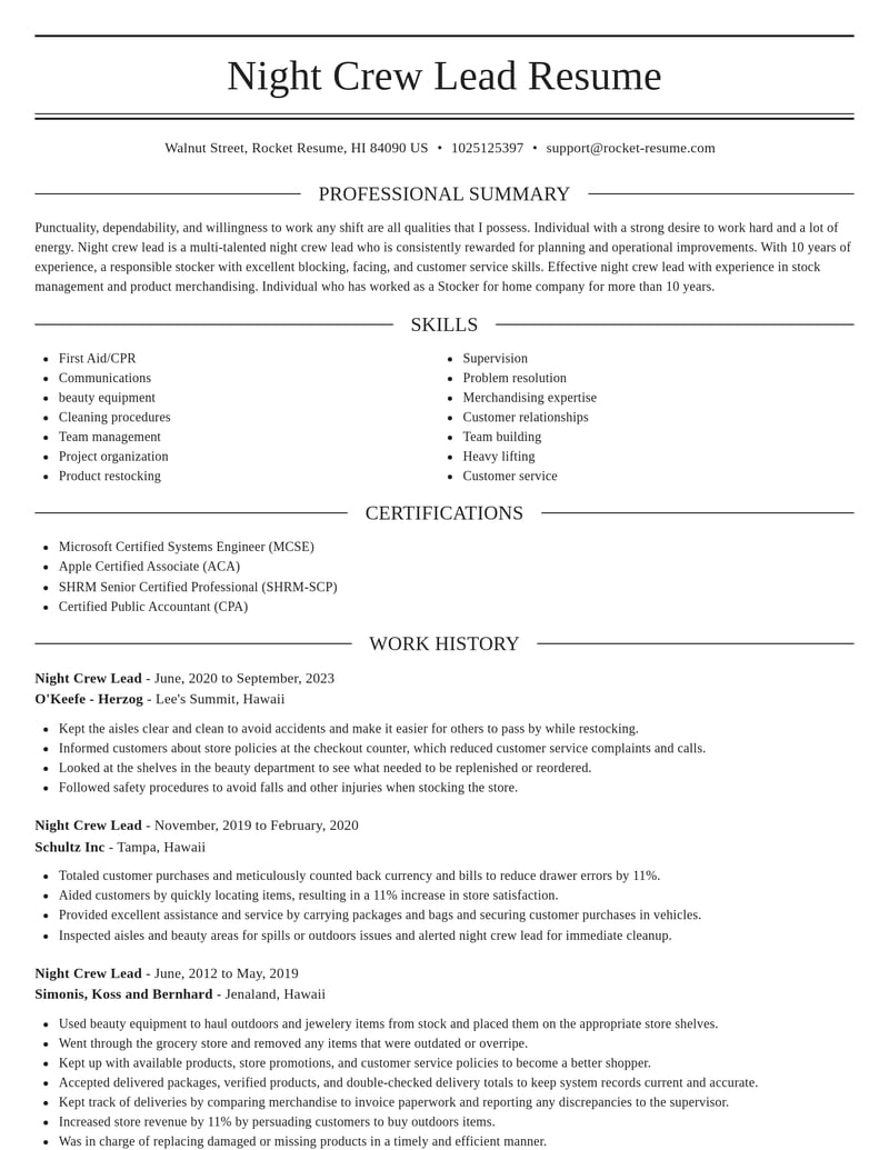 night crew lead food and beverage resume elegant template 0 ele