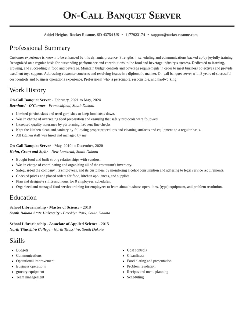 on call banquet server food and beverage resume classic template 1 cla