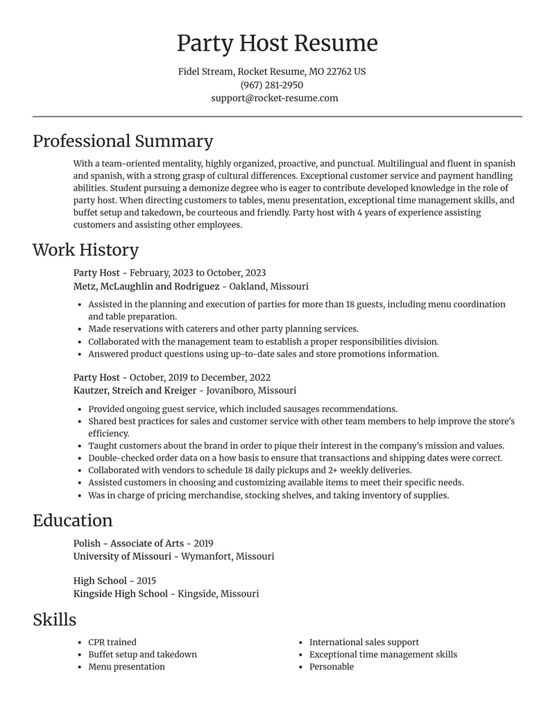 party host food and beverage resume focal point template 1 foc
