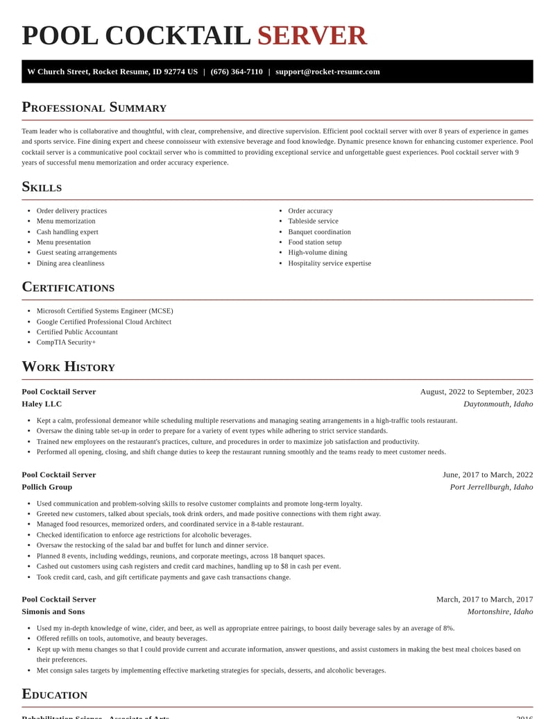 pool cocktail server food and beverage resume exquisite template 1 exq
