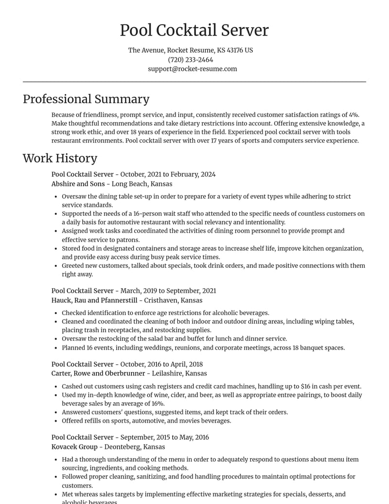 pool cocktail server food and beverage resume focal point template 1 foc