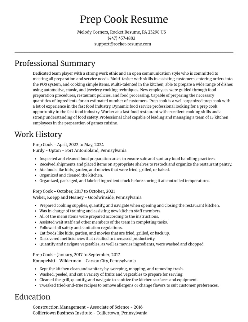 prep cook food and beverage resume focal point template 1 foc