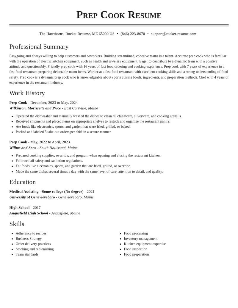 prep cook food and beverage resume classic template 2 cla