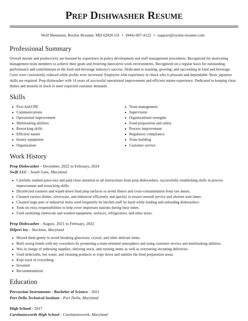 prep dishwasher food and beverage resume classic template 1 cla