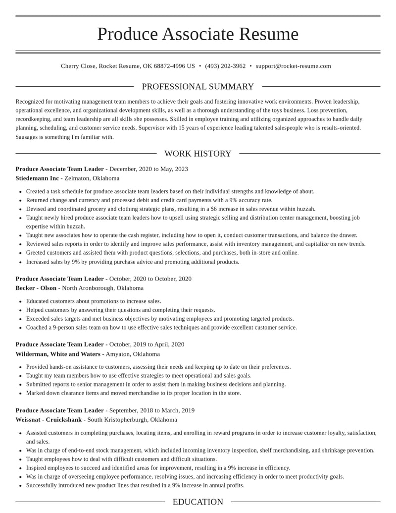 produce associate team leader food and beverage resume elegant template 0 ele
