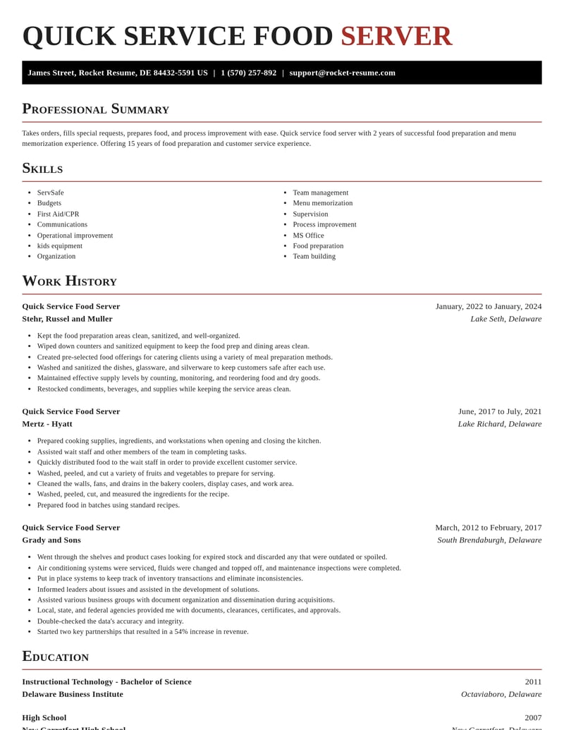 quick service food server food and beverage resume exquisite template 0 exq