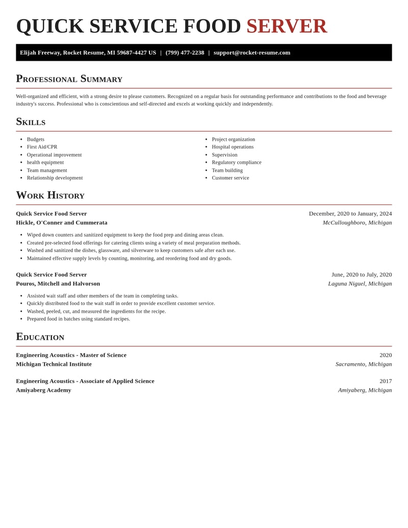 quick service food server food and beverage resume exquisite template 2 exq