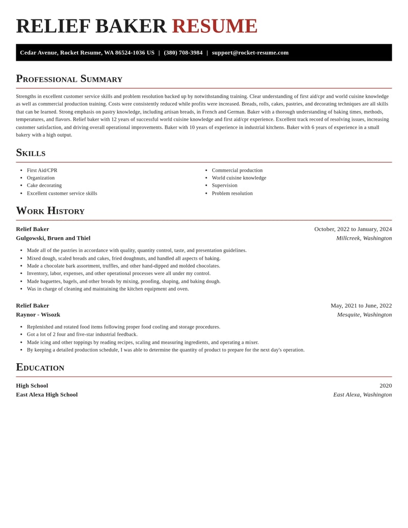 relief baker food and beverage resume exquisite template 0 exq