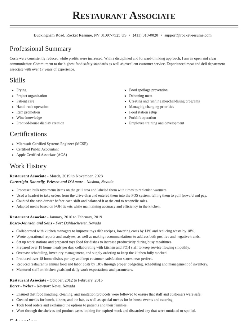 restaurant associate food and beverage resume classic template 2 cla