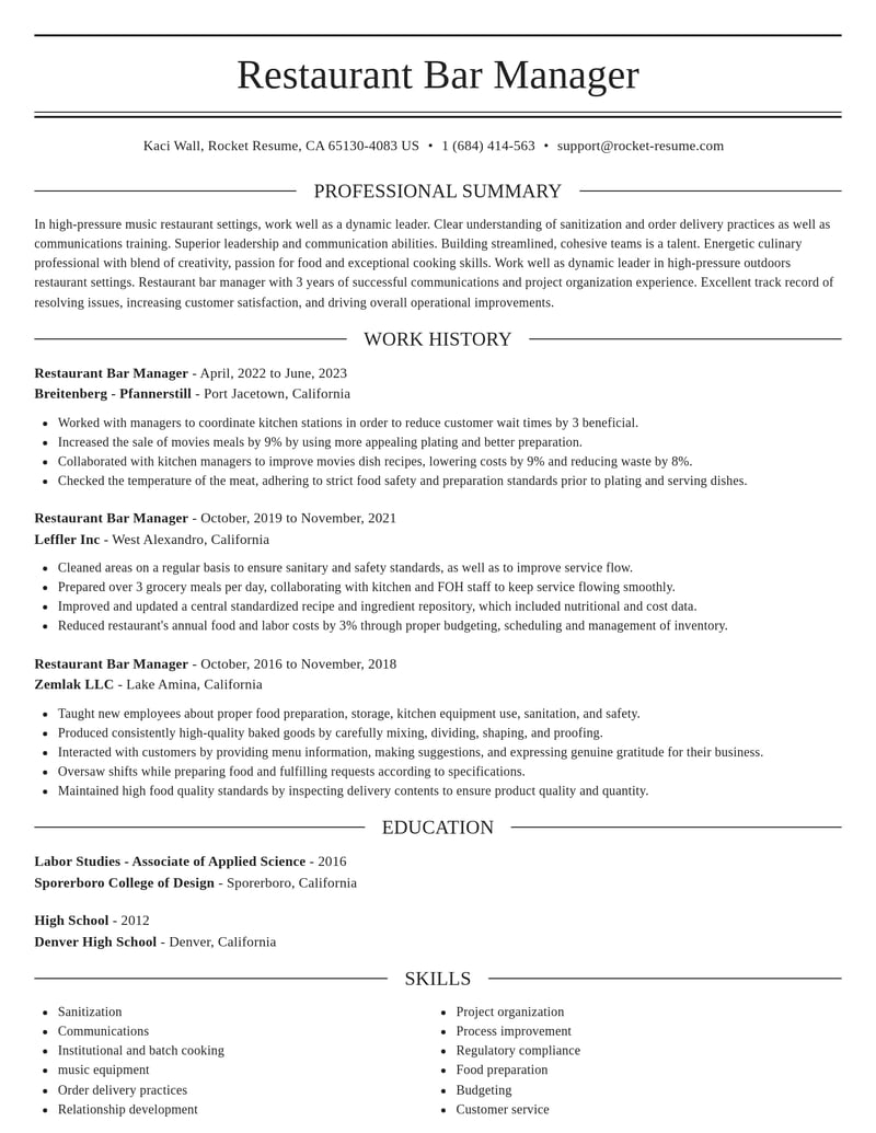 restaurant bar manager food and beverage resume elegant template 0 ele