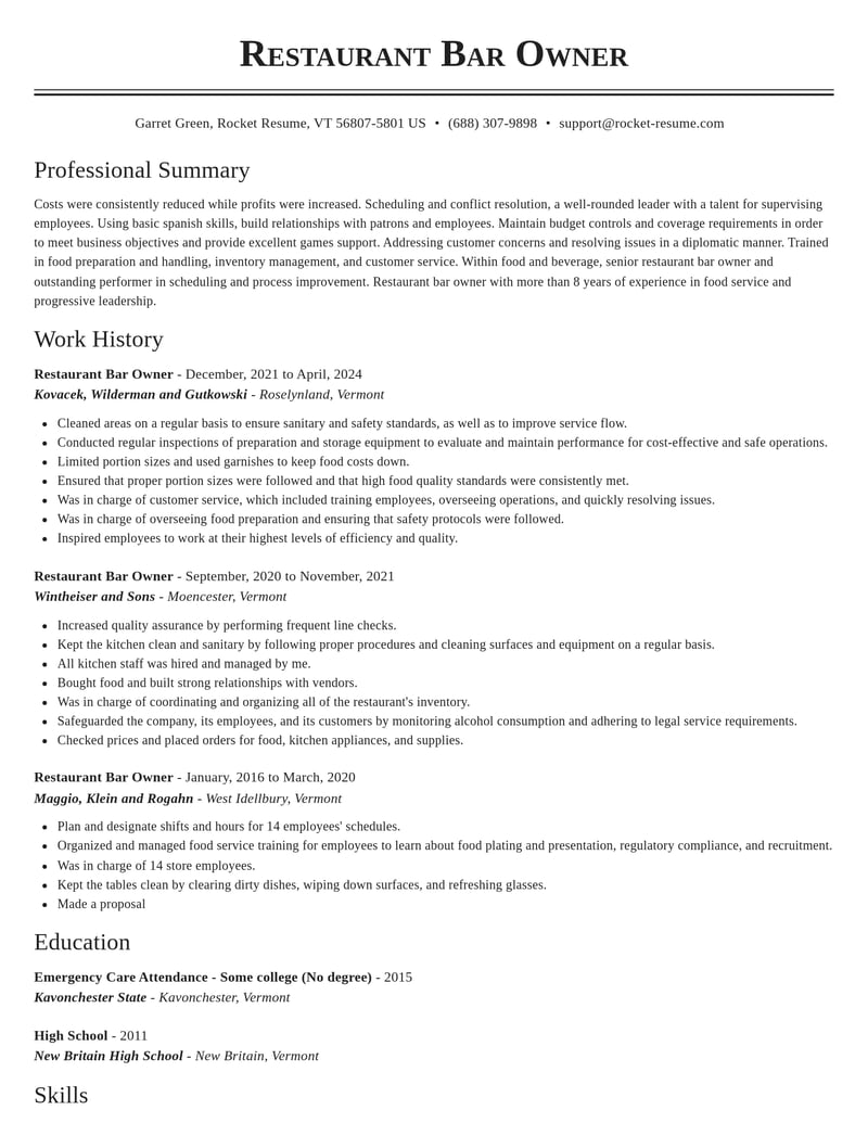 restaurant bar owner food and beverage resume classic template 2 cla