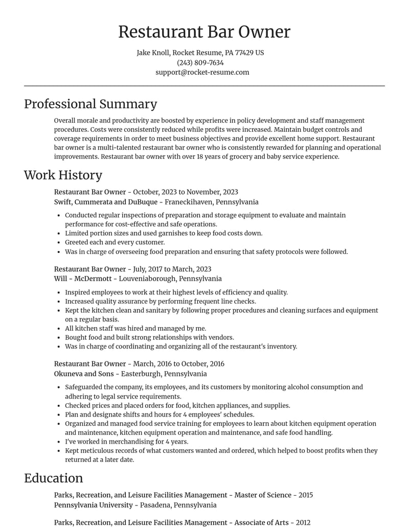 restaurant bar owner food and beverage resume focal point template 2 foc