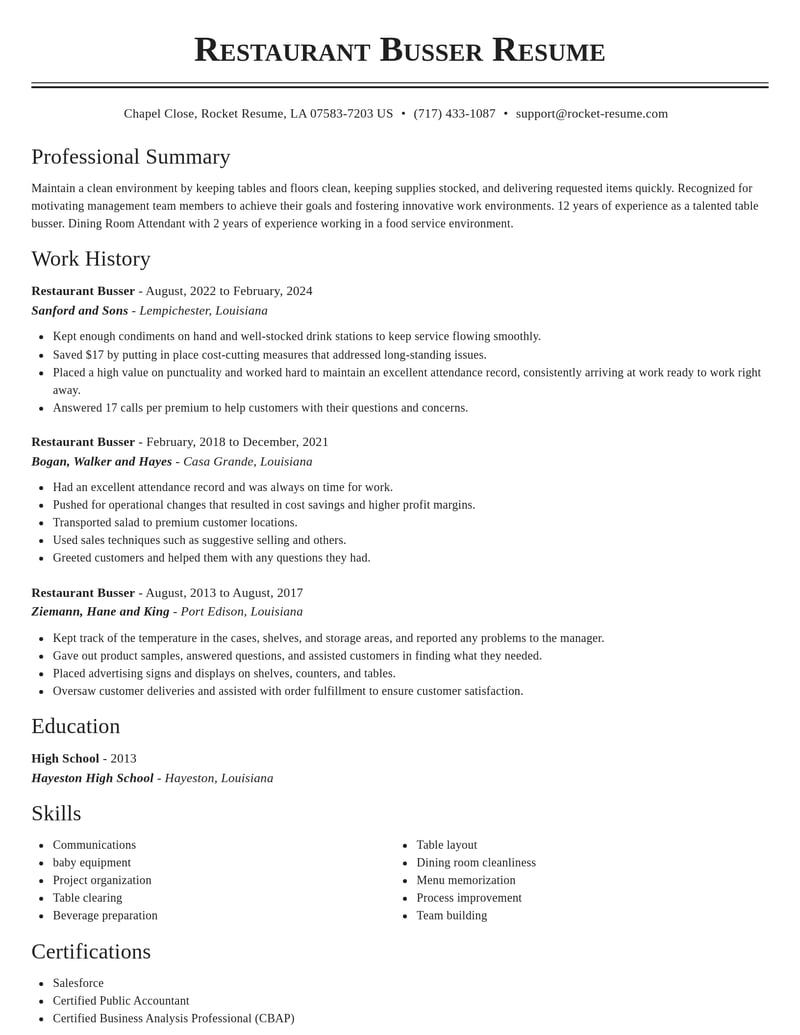 restaurant busser food and beverage resume classic template 2 cla